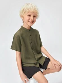 SHEIN 男孩小高領前紐扣襯衫和短褲套裝 - 軍綠色 - 查看 5