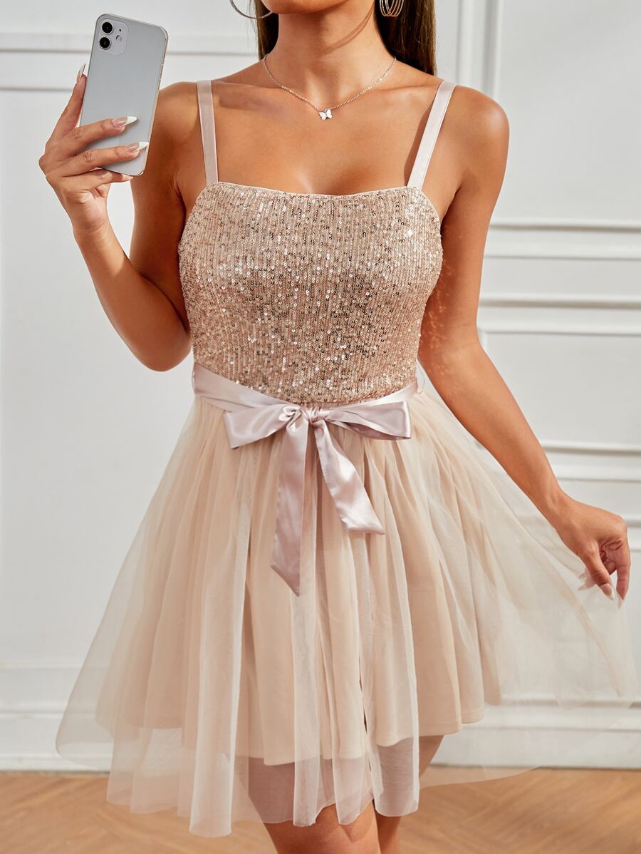SHEIN PETITE Sequins Belted Mesh Panel Cami Dress - Baby Pink - View 1