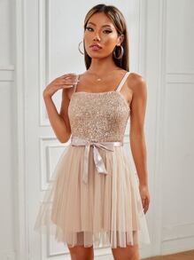 SHEIN PETITE Sequins Belted Mesh Panel Cami Dress - Baby Pink - View 3