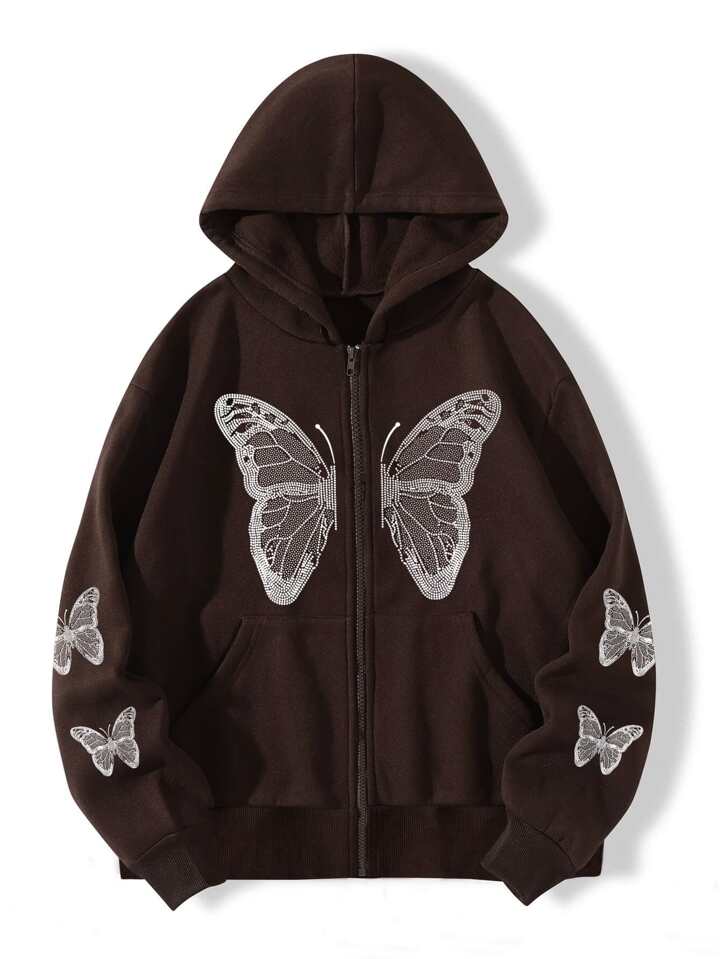 SHEIN MOOSTA Butterfly Print Zip Up Drawstring Thermal