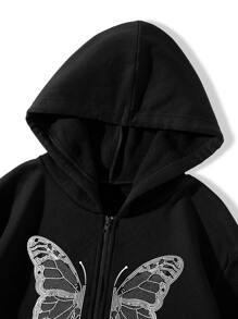SHEIN Unity Casual Butterfly Pattern Zip-Up Hoodie, Fashion & Versatile - Black - View 3