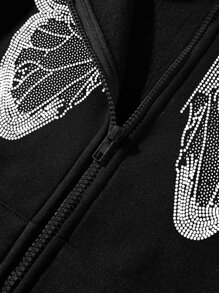 SHEIN Unity Casual Butterfly Pattern Zip-Up Hoodie, Fashion & Versatile - Black - View 4