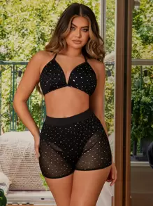 Zolique Rhinestone Tie Backless Mesh Halter Top & Panty Insert Shorts - Black - View 5