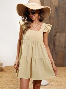 素色荷葉邊荷葉邊下擺洋裝 - 卡其色 - 查看 3