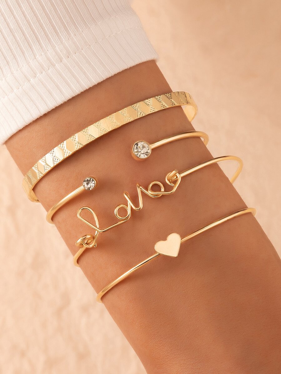 4 piezas Pulsera con adorno letra y corazón - Amarillo Oro - Ver 1