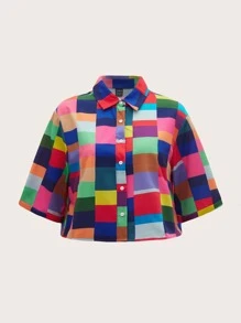SHEIN EZwear Colorblock Plaid Drop Shoulder Crop Shirt - Multicolor - View 1