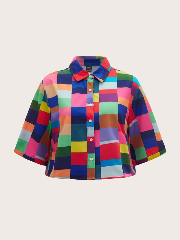 SHEIN EZwear Colourblock Plaid Drop Shoulder Crop Shirt