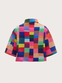 SHEIN EZwear Colorblock Plaid Drop Shoulder Crop Shirt - Multicolor - View 2