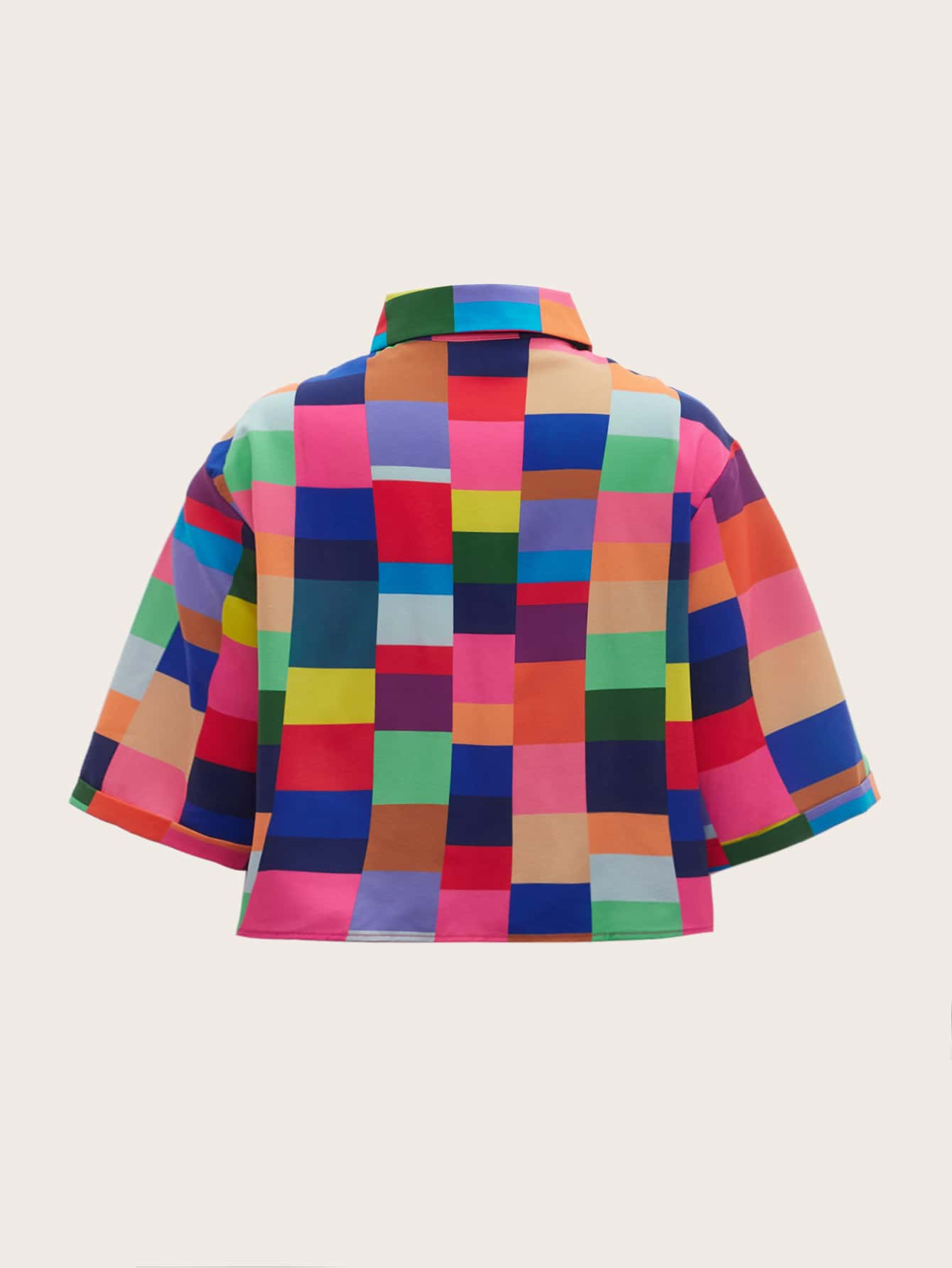 SHEIN EZwear Camisa corta de color combinado de cuadros de hombros caídos - Multicolor - Añade 2