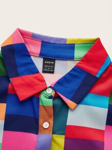 SHEIN EZwear Colorblock Plaid Drop Shoulder Crop Shirt - Multicolor - View 3