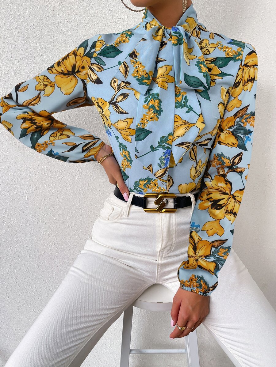 Floral Print Tie Neck Blouse - Multicolor - View 1