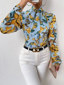 Floral Print Tie Neck Blouse - Multicolor - View 4