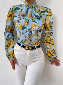 Floral Print Tie Neck Blouse - Multicolor - View 5