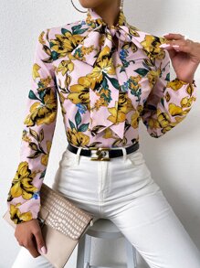 Floral Print Tie Neck Blouse - Multicolor - View 1