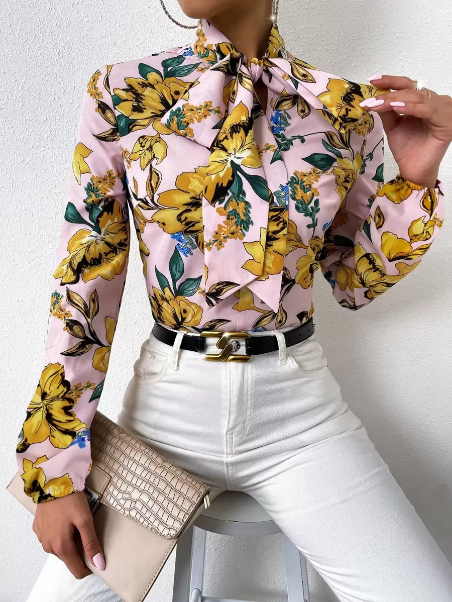 Floral Print Tie Neck Blouse - Multicolor - View 1