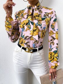 Floral Print Tie Neck Blouse - Multicolor - View 3
