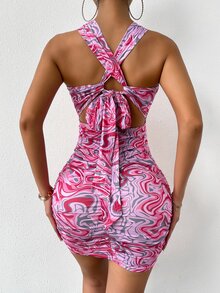SHEIN SXY Random Allover Print Cross Wrap Ruched Tie Backless Bodycon Dress - Multicolor - View 2