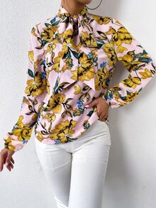 Floral Print Tie Neck Blouse - Multicolor - View 4