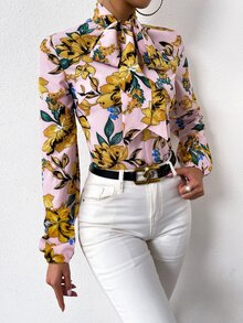 Floral Print Tie Neck Blouse - Multicolor - View 5