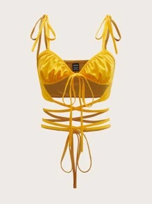 SHEIN ICON 結飾肩十字交叉繫帶露背短版吊帶上衣 - 黃色 - 查看 1