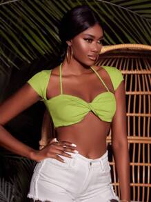 SHEIN X Kimberly Loaiza 前扭結素色短款上衣