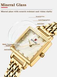 REWARD 1 chiếc đồng hồ thạch anh mặt vuông nhỏ thời trang dành cho nữ, thích hợp để trang trí hàng ngày và làm quà tặng - Vàng - Xem 5