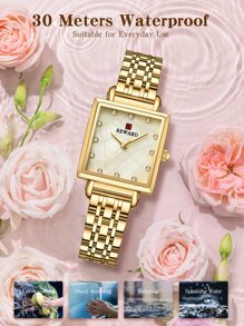 REWARD 1 chiếc đồng hồ thạch anh mặt vuông nhỏ thời trang dành cho nữ, thích hợp để trang trí hàng ngày và làm quà tặng - Vàng - Xem 7