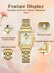 REWARD 1 chiếc đồng hồ thạch anh mặt vuông nhỏ thời trang dành cho nữ, thích hợp để trang trí hàng ngày và làm quà tặng - Vàng - Xem 8