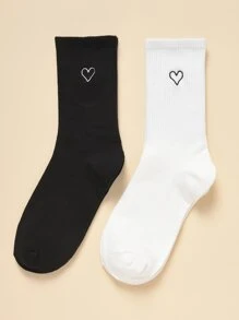 2 đôi tất tròn thêu trái tim - Đen và trắng - Xem 1
