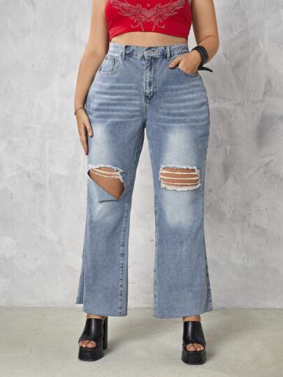 SHEIN Plus High Waist Ripped Flared Leg Jeans