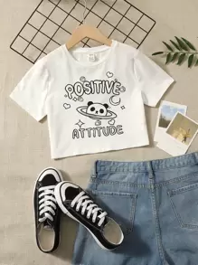 SHEIN Teen Girls Slogan and Panda Print Tee - White - View 1