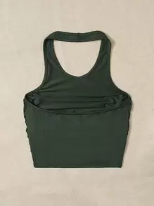 SHEIN Teen Girls' Knit Solid Color Halter Neck Top, Ideal For Summer - Dark Green - View 2