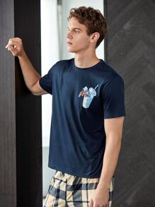 Hombres Camiseta Tipo Pijama Con Estampado De Bebidas - Azul Marino - Ver 1