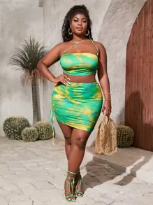 Slaydiva Plus Tie Dye Knot One Shoulder Crop Top & Drawstring Ruched Side Skirt Set - Multicolor - View 5