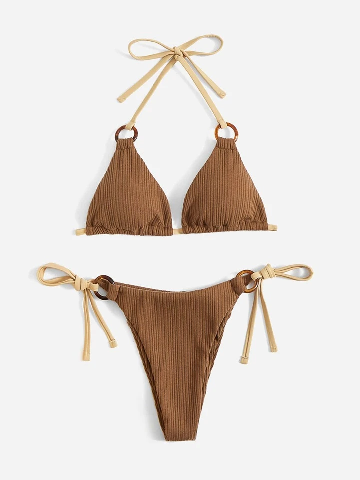 rib halter triangle tie side bikini swimsuit