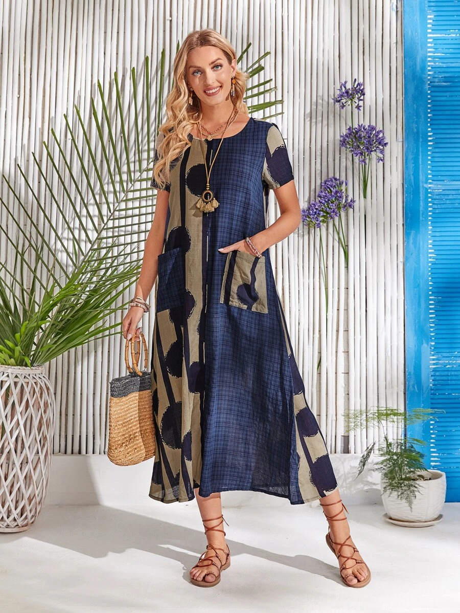 EMERY ROSE 格紋面口袋直筒連衣裙 - 彩色 - 查看 1