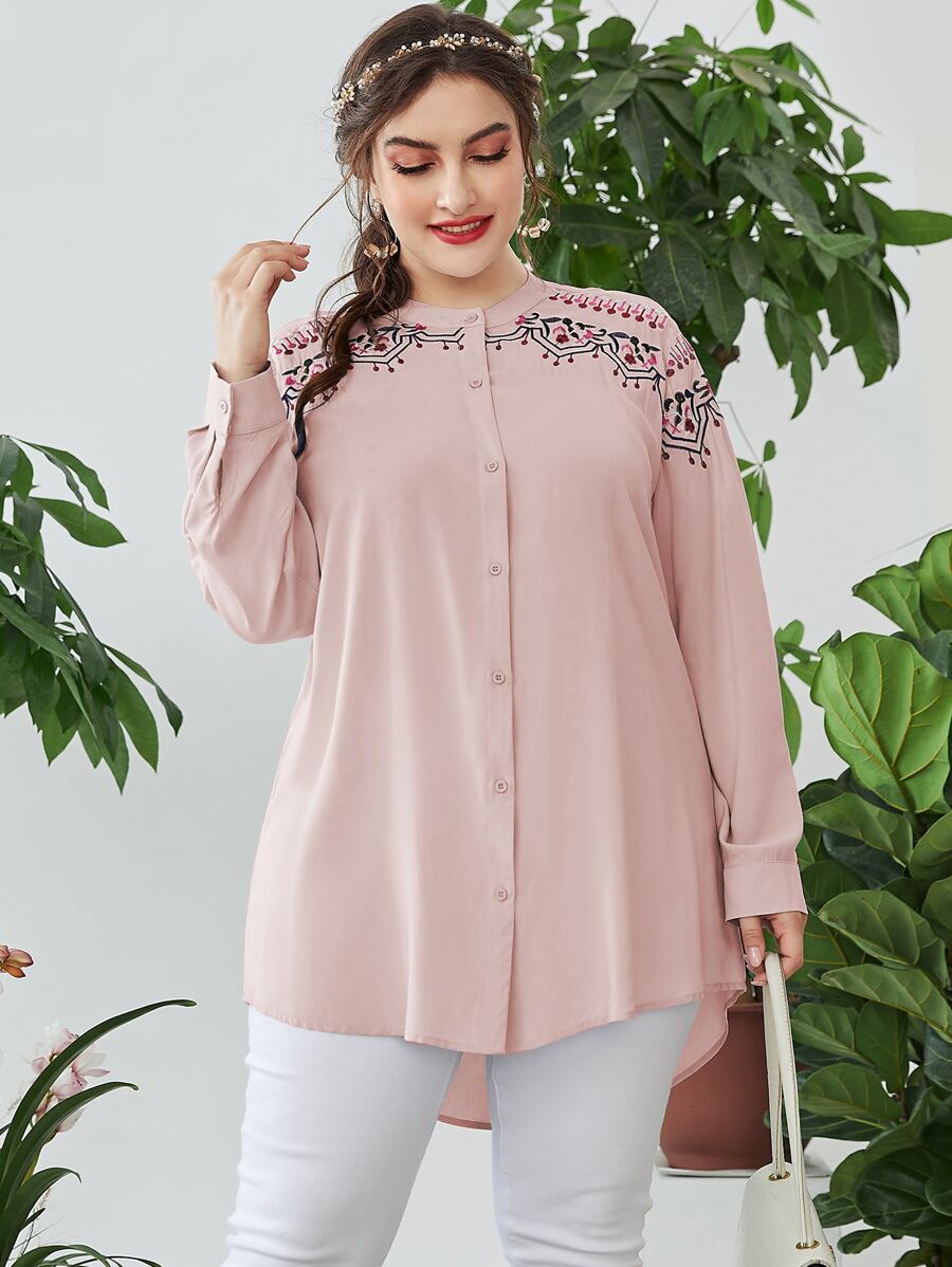Plus Floral Embroidery Blouse - Baby Pink - View 1