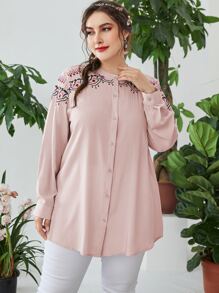Plus Floral Embroidery Blouse - Baby Pink - View 4