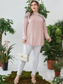 Plus Floral Embroidery Blouse - Baby Pink - View 5
