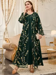 Al Najma 大碼花卉刺繡蕾絲拼接覆蓋直筒連衣裙 - 綠色 - 查看 1