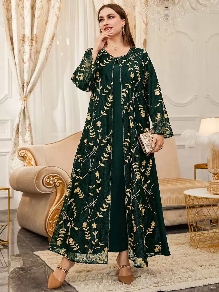 Al Najma 大碼花卉刺繡蕾絲拼接覆蓋直筒連衣裙 - 綠色 - 查看 1