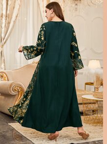 Al Najma 大碼花卉刺繡蕾絲拼接覆蓋直筒連衣裙 - 綠色 - 查看 2