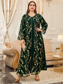 Al Najma 大碼花卉刺繡蕾絲拼接覆蓋直筒連衣裙 - 綠色 - 查看 5