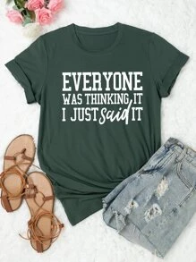 SHEIN LUNE 大碼標語圖案T恤 - 墨綠色 - 查看 1