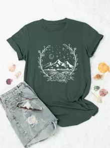 Flirla Plus Mountain And Floral Print Tee Graphic Tees Women Tops - Dark Green - View 1