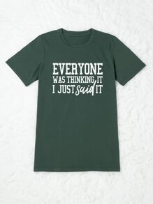 SHEIN LUNE 大碼標語圖案T恤 - 墨綠色 - 查看 4