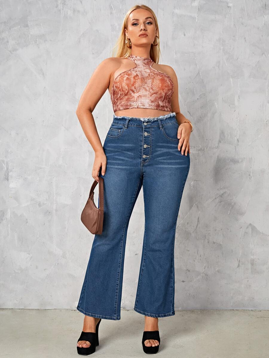 Plus Cat Whisker Washed Raw Trimmed Flare Leg Jeans - Medium Wash - View 1