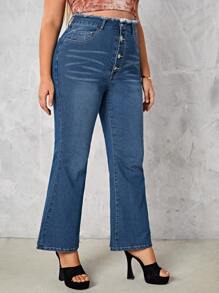 Plus Cat Whisker Washed Raw Trimmed Flare Leg Jeans - Medium Wash - View 4