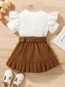 Camiseta Con Ribete De Volante Para Bebé Niña Y Falda Con Cinturón Con Dobladillo Plisado Y Botones Falsos - Multicolor - Ver 2