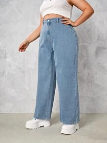 Plus High Waist Slant Pocket Jeans - Light Wash - View 5